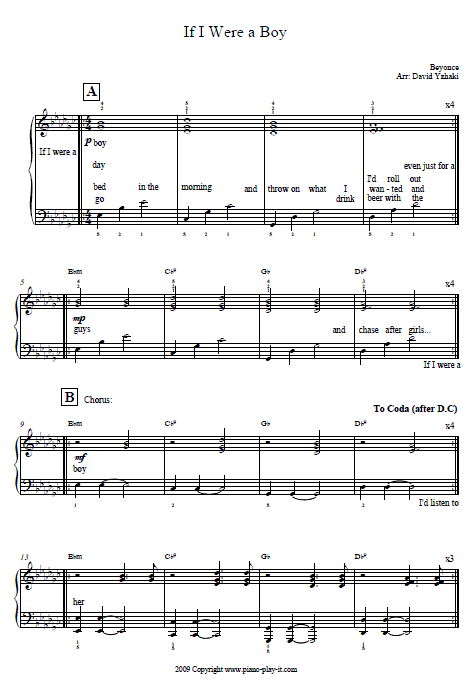 If I Were a Boy Piano Tab